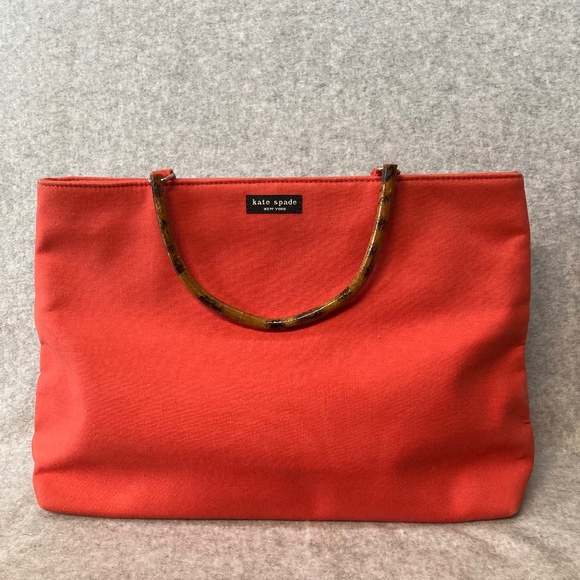 Kate Spade Canvas Purse Two Wood Handles Melon Colored Fabric - Picture 1 of 9